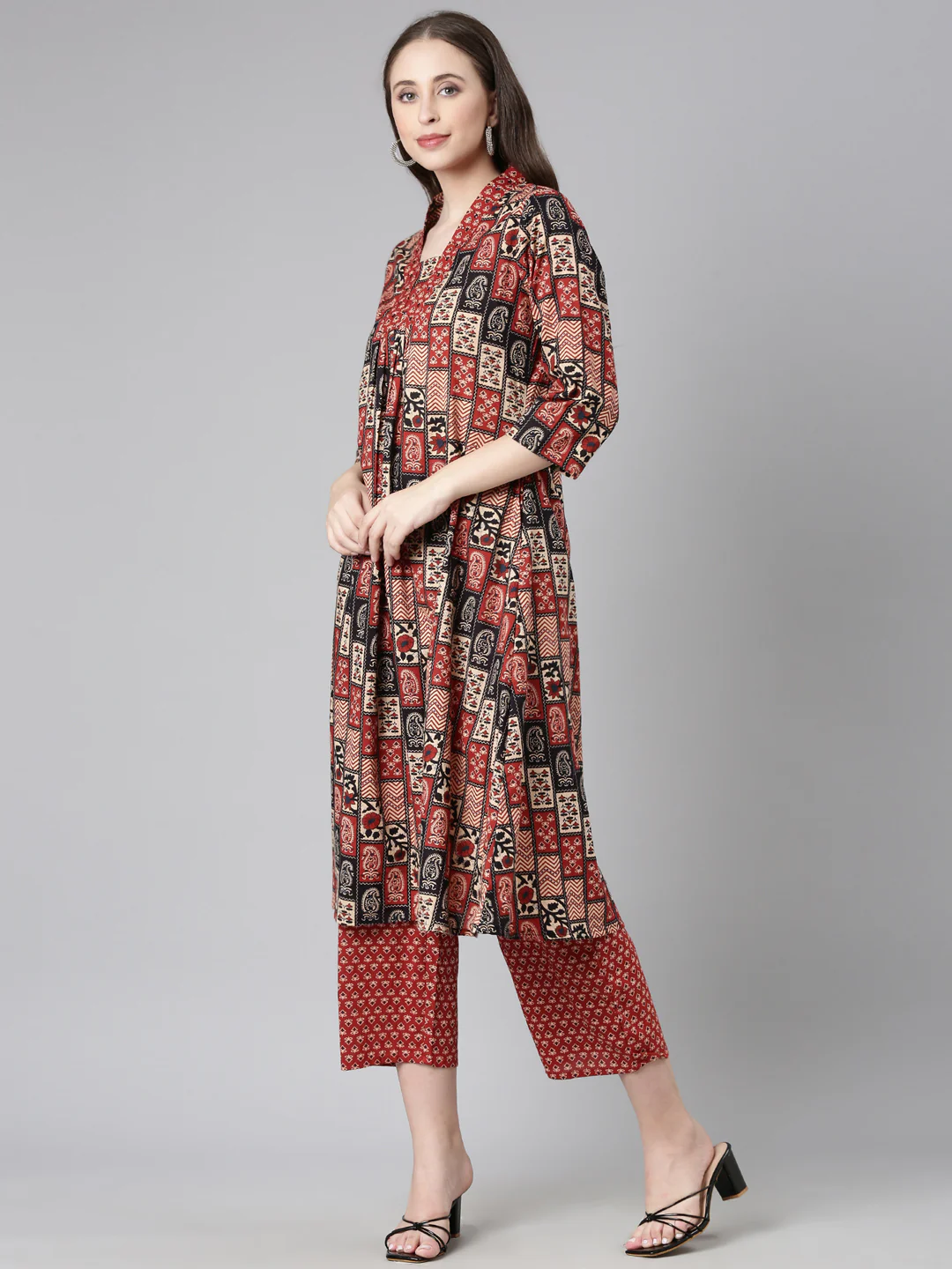 Neerus Rust Printed Straight Kurta and Trousers - Image 2