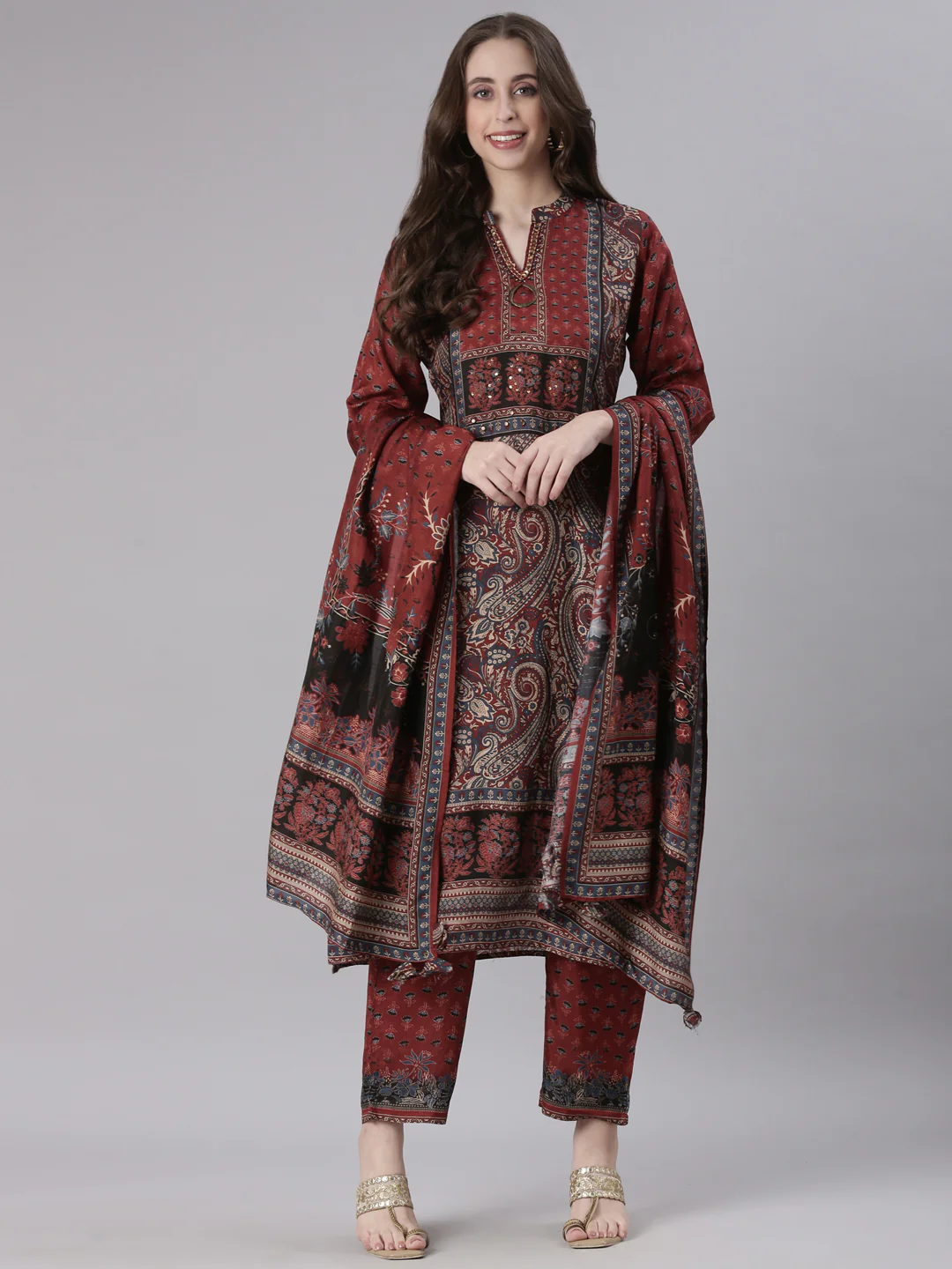 Neerus Rust Printed Straight Kurta and Trousers With Dupatta - Image 5