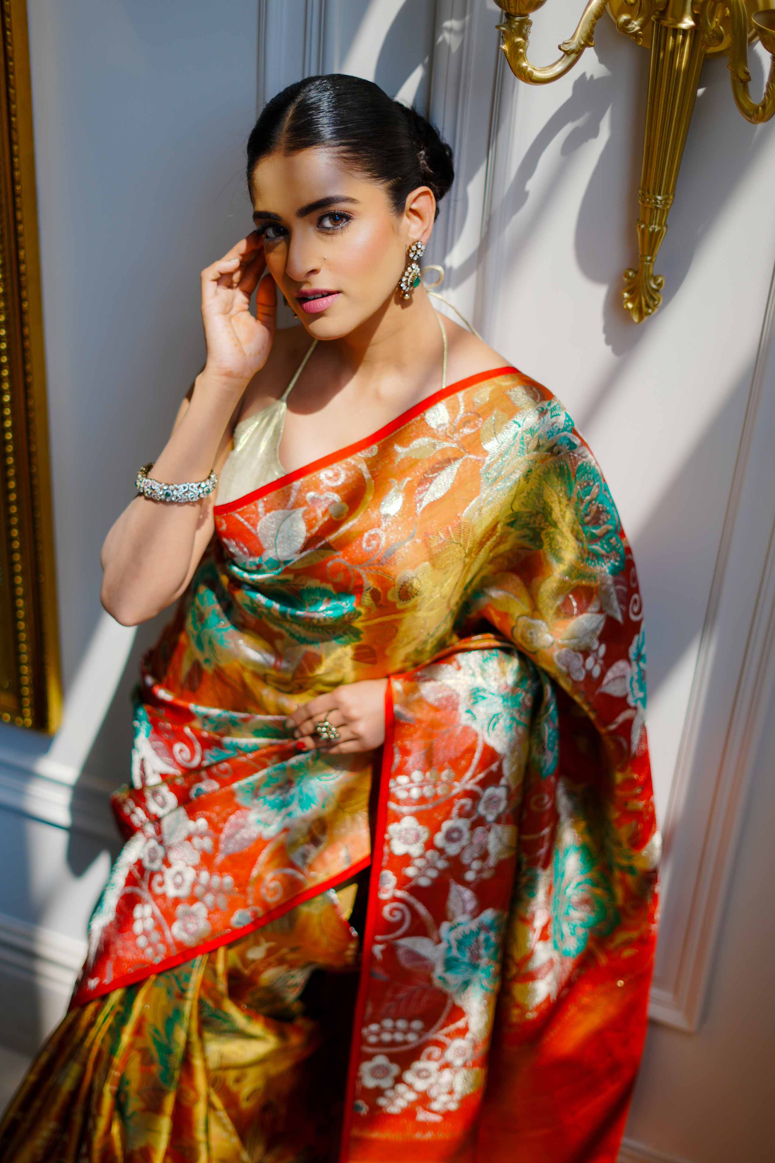 Neerus Rust Pure Silk Saree with Blouse - Image 3