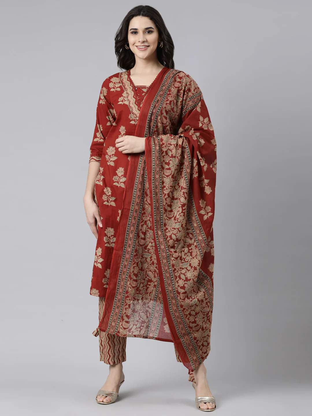 Neerus Rust Regular Straight Floral Kurta And Trousers With Dupatta