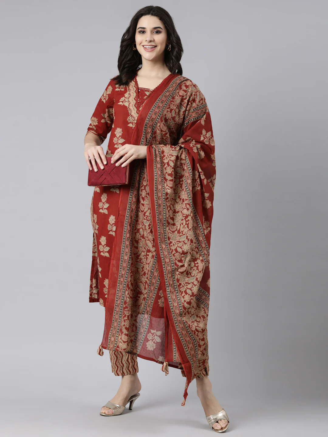 Neerus Rust Regular Straight Floral Kurta And Trousers With Dupatta - Image 4
