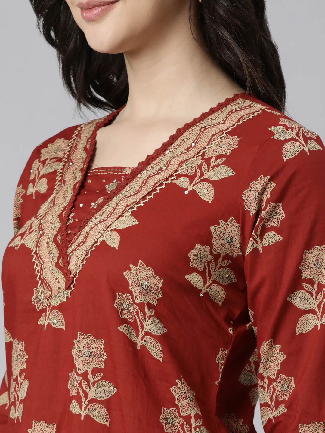 Neerus Rust Regular Straight Floral Kurta And Trousers With Dupatta - Image 7