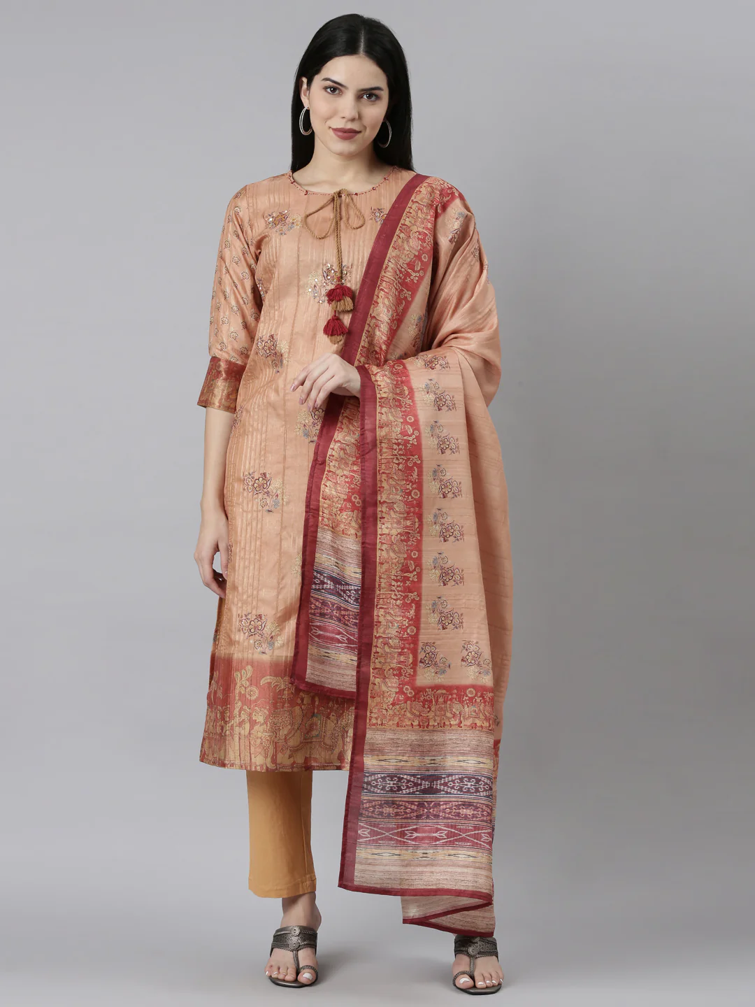 Neerus Rust Regular Straight Floral Kurta And Trousers With Dupatta