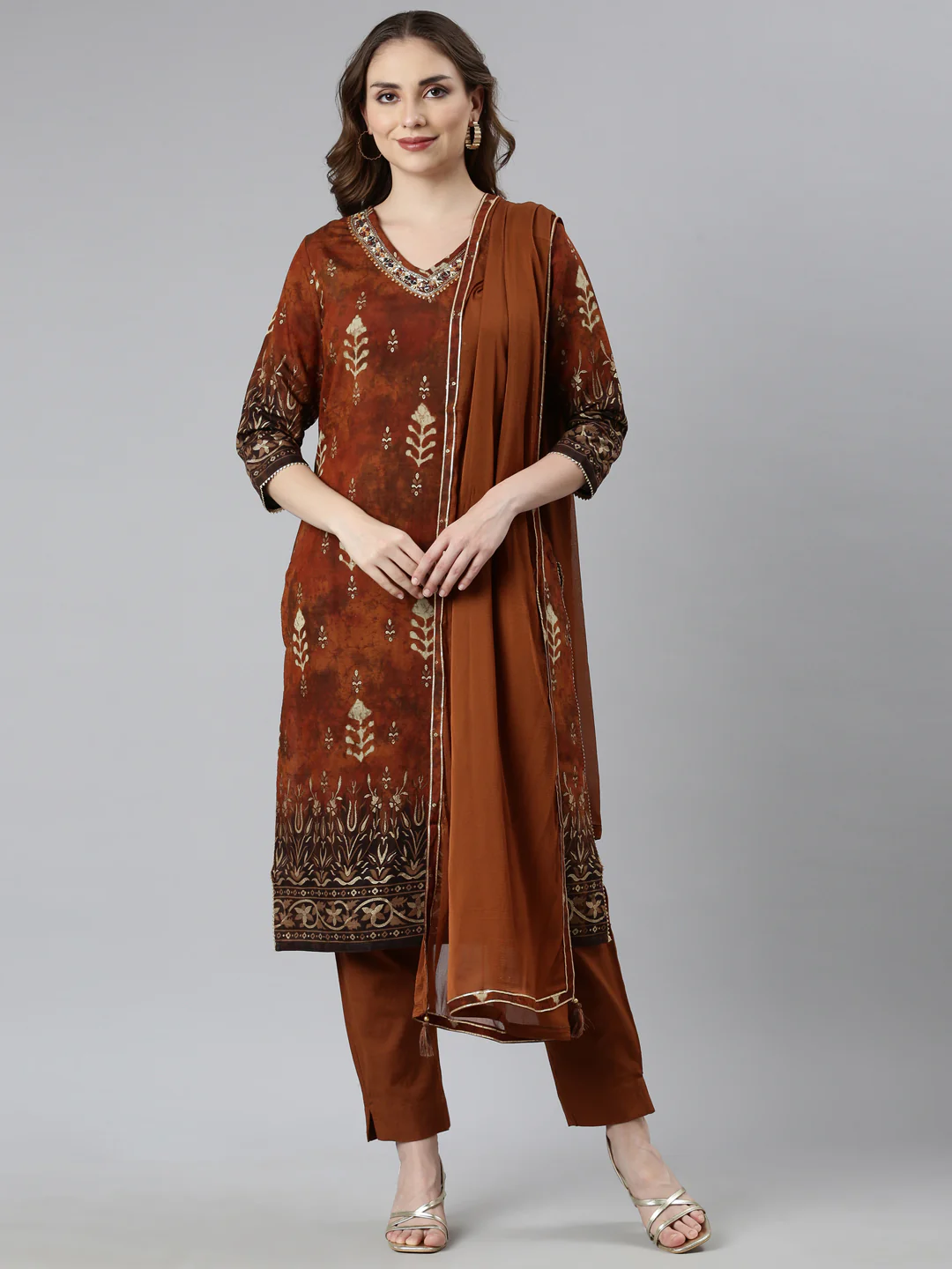 Neerus Rust Regular Straight Floral Kurta And  Trousers With Dupatta