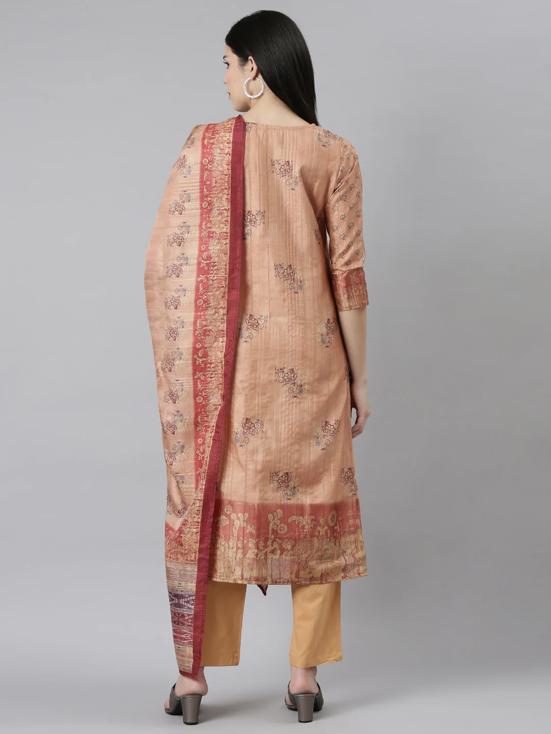 Neerus Rust Regular Straight Floral Kurta And Trousers With Dupatta - Image 3