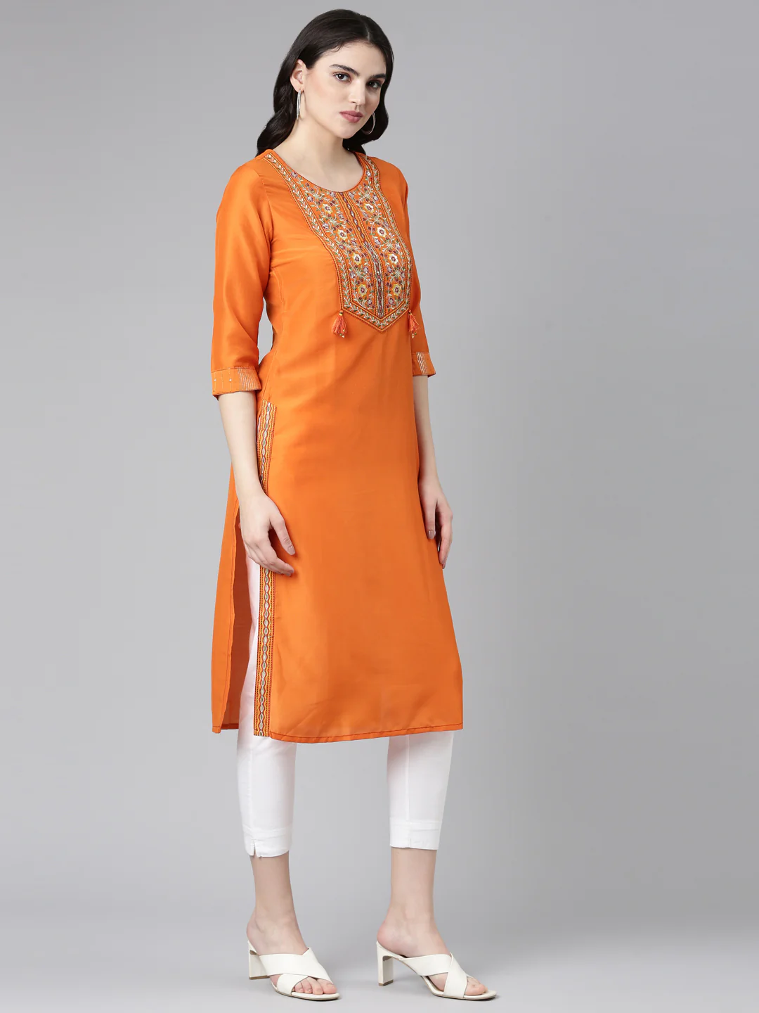 Neerus Rust Regular Straight Yoke Design Kurta - Image 2