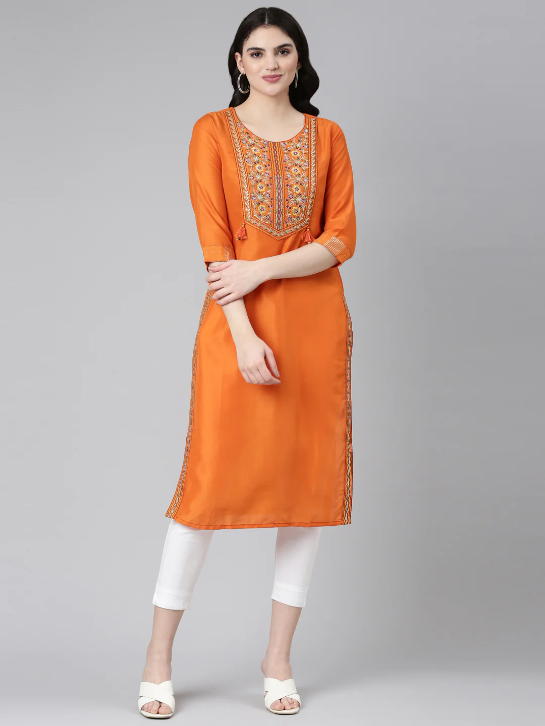 Neerus Rust Regular Straight Yoke Design Kurta - Image 5