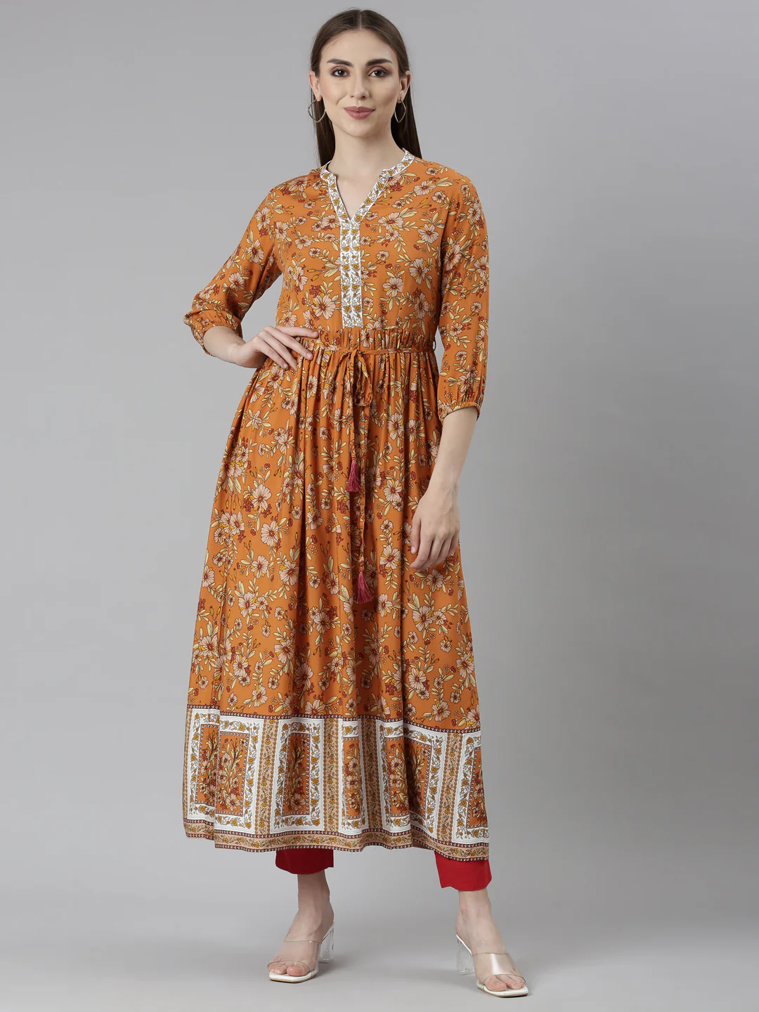 Neerus Rust Straight Casual Floral Dresses