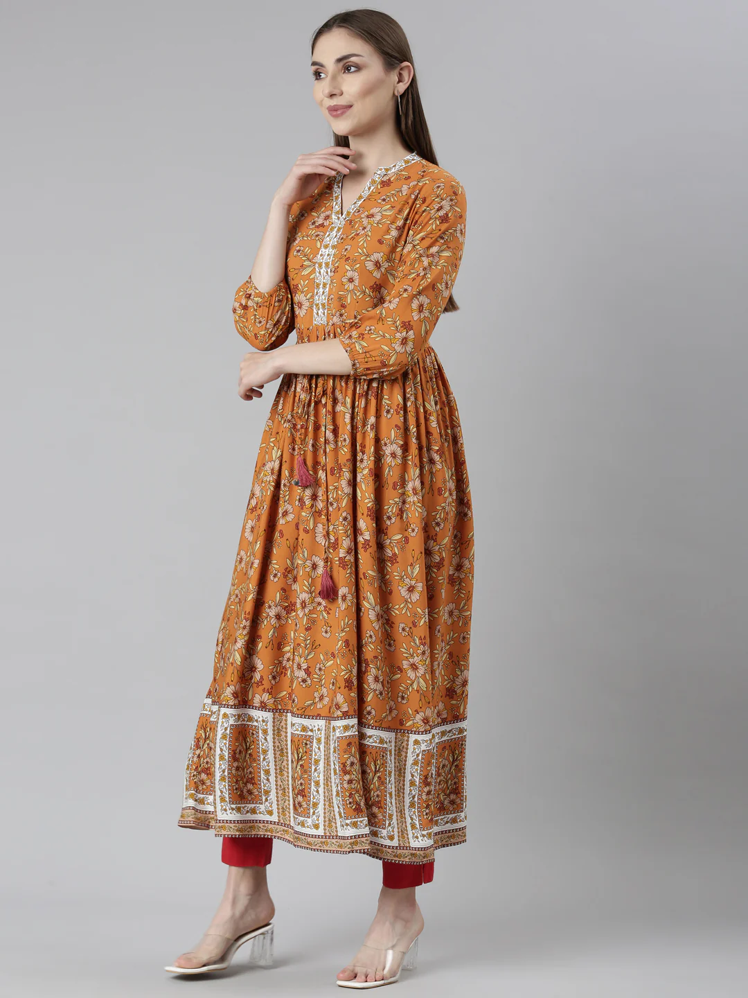 Neerus Rust Straight Casual Floral Dresses - Image 2