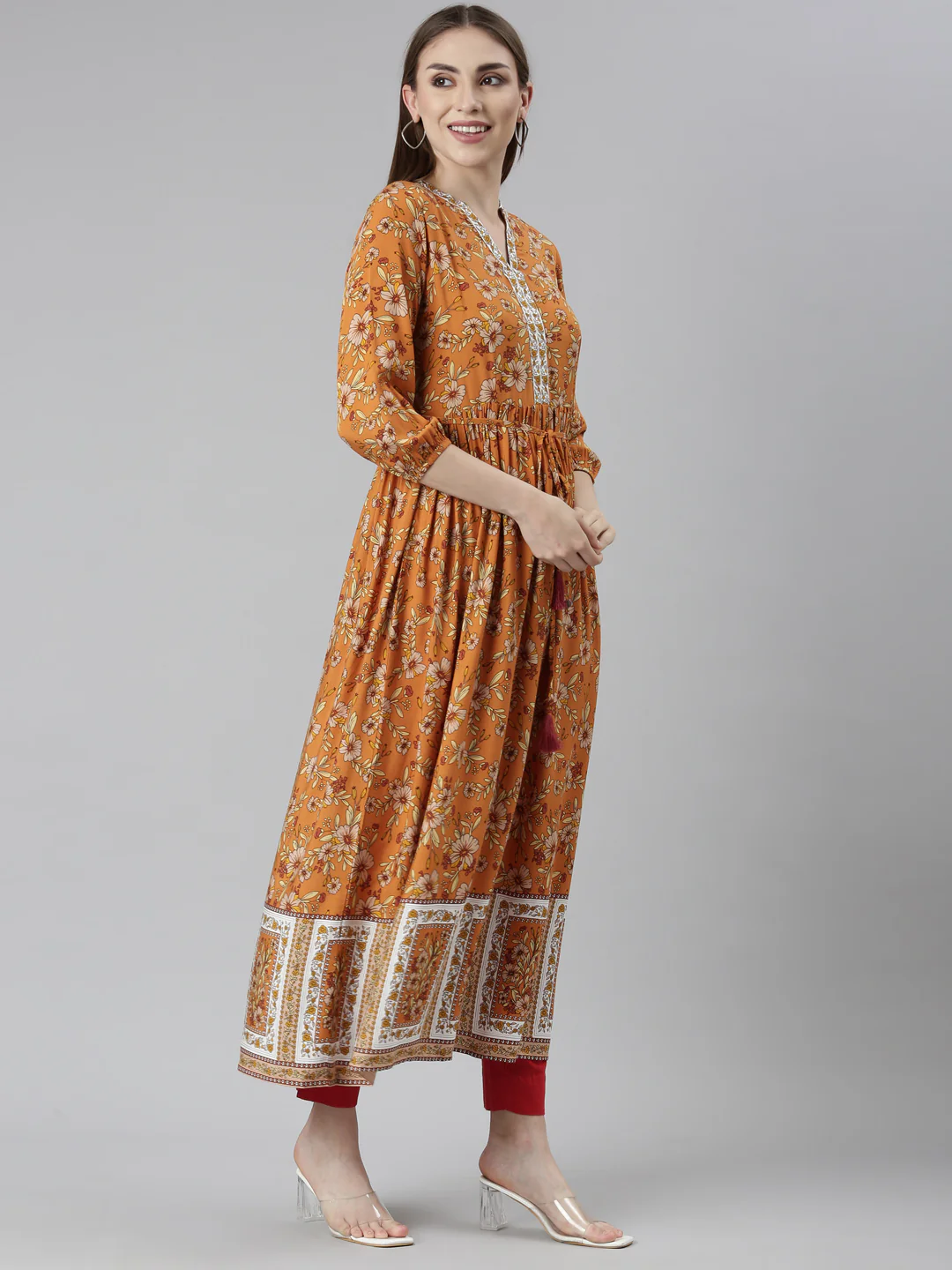 Neerus Rust Straight Casual Floral Dresses - Image 3