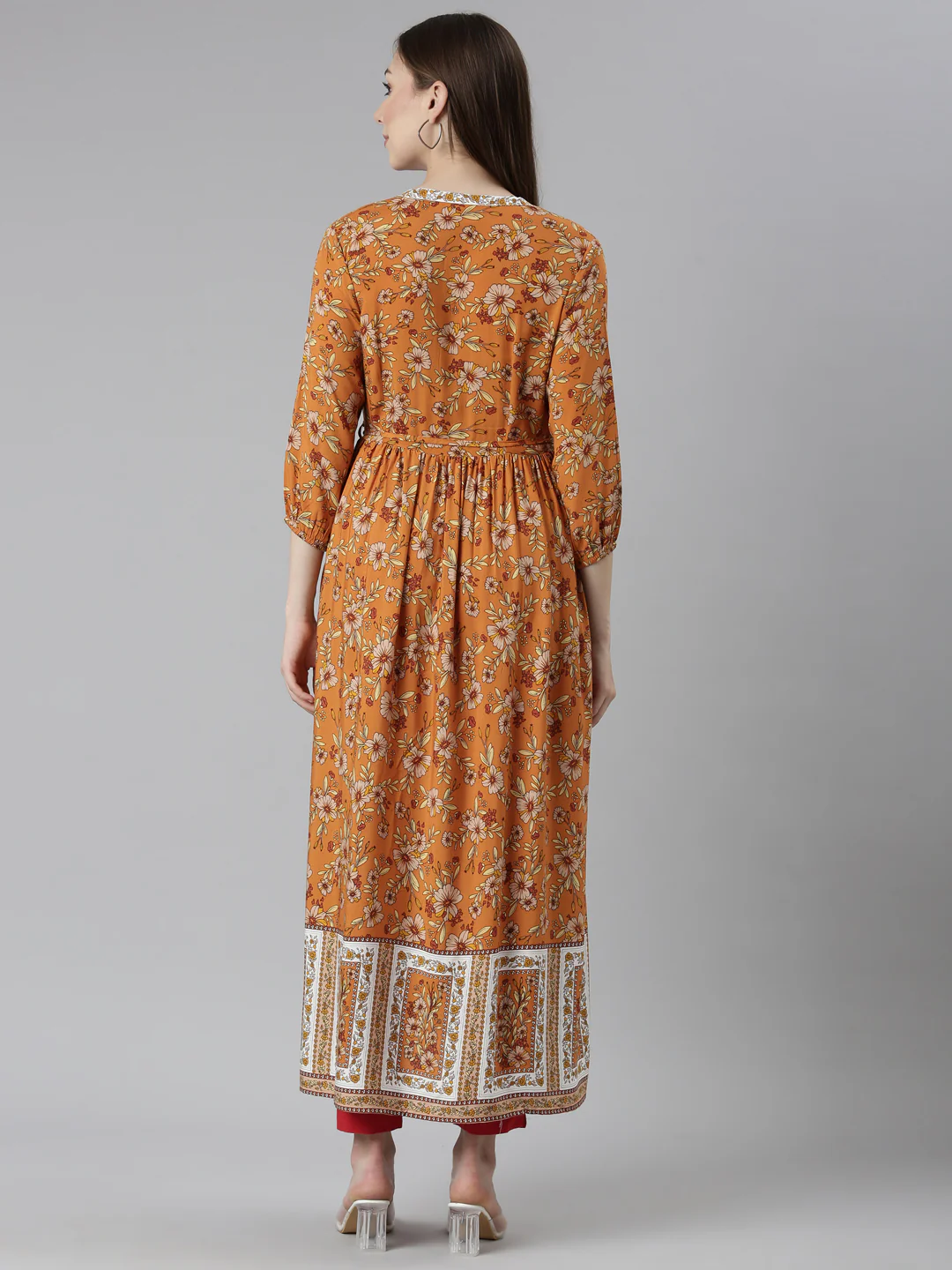 Neerus Rust Straight Casual Floral Dresses - Image 4