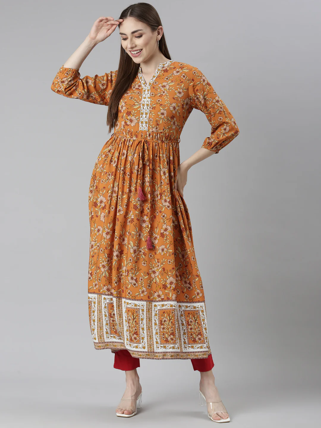 Neerus Rust Straight Casual Floral Dresses - Image 5