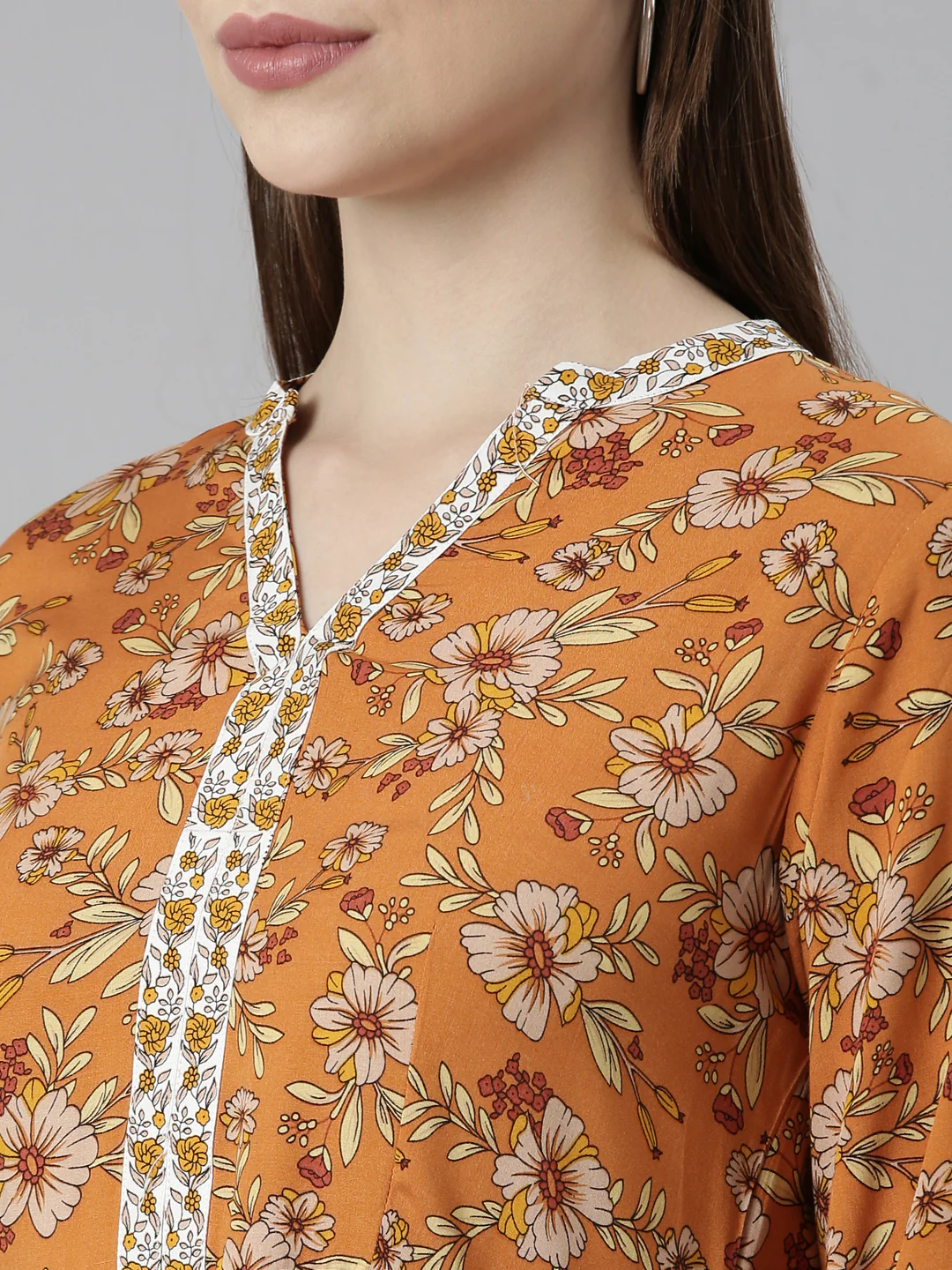 Neerus Rust Straight Casual Floral Dresses - Image 6