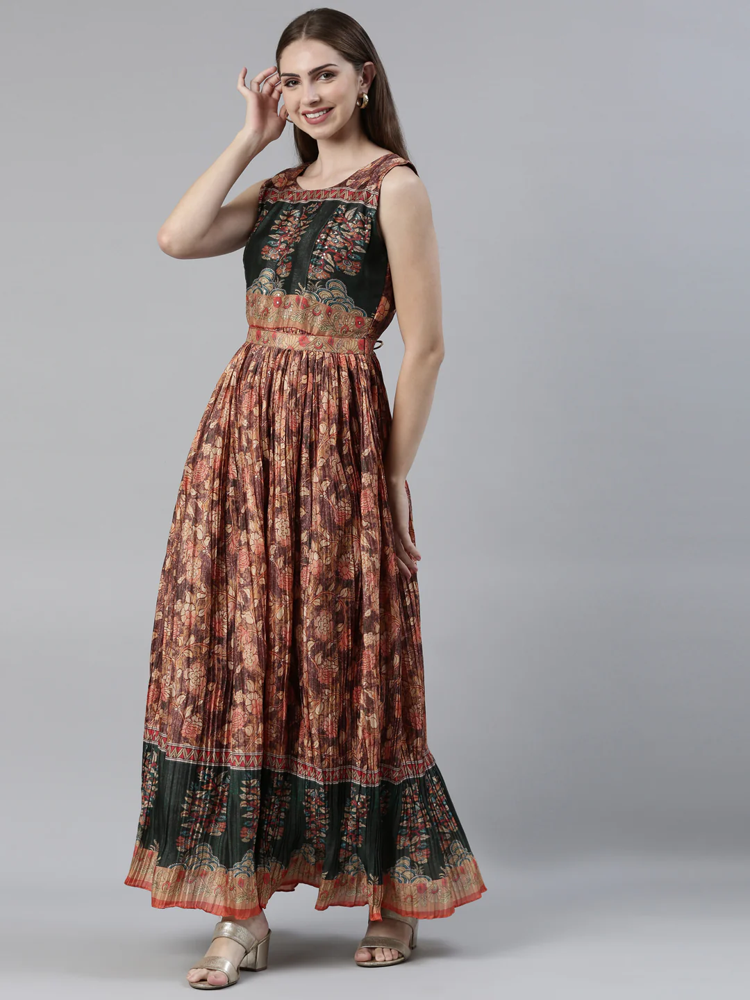 Neerus Rust Straight Casual Printed Maxi Dresses - Image 2