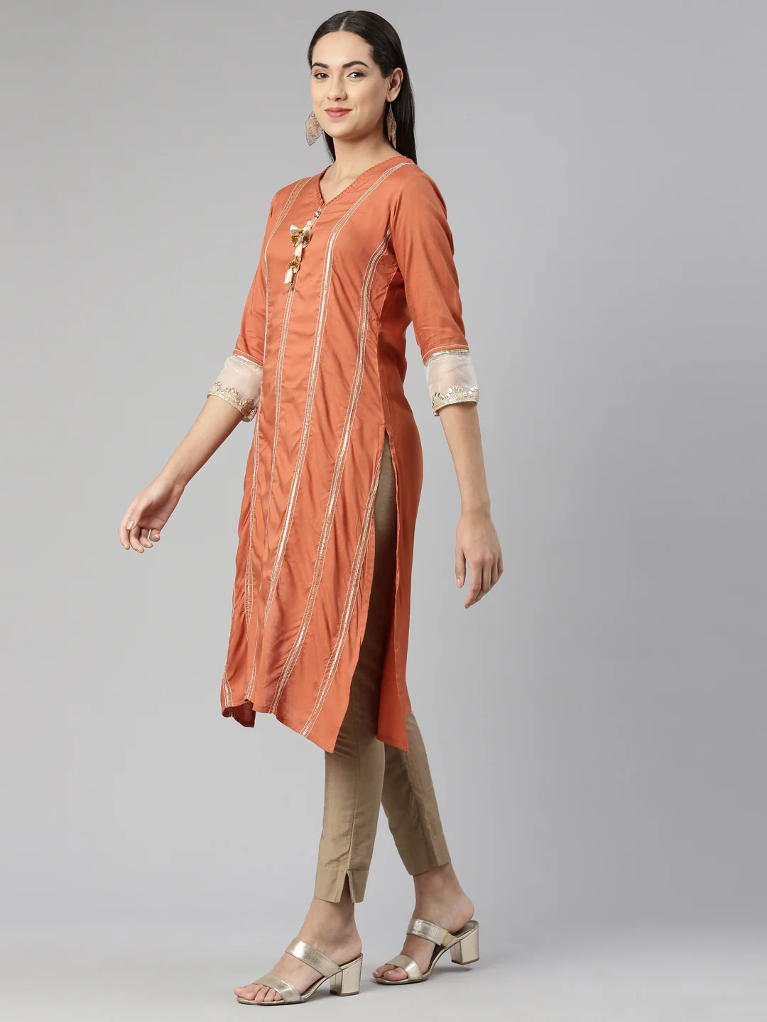 Neerus Rust Straight Straight Cotton Silk Kurta - Image 2