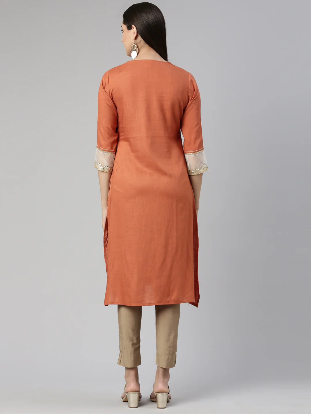 Neerus Rust Straight Straight Cotton Silk Kurta - Image 3