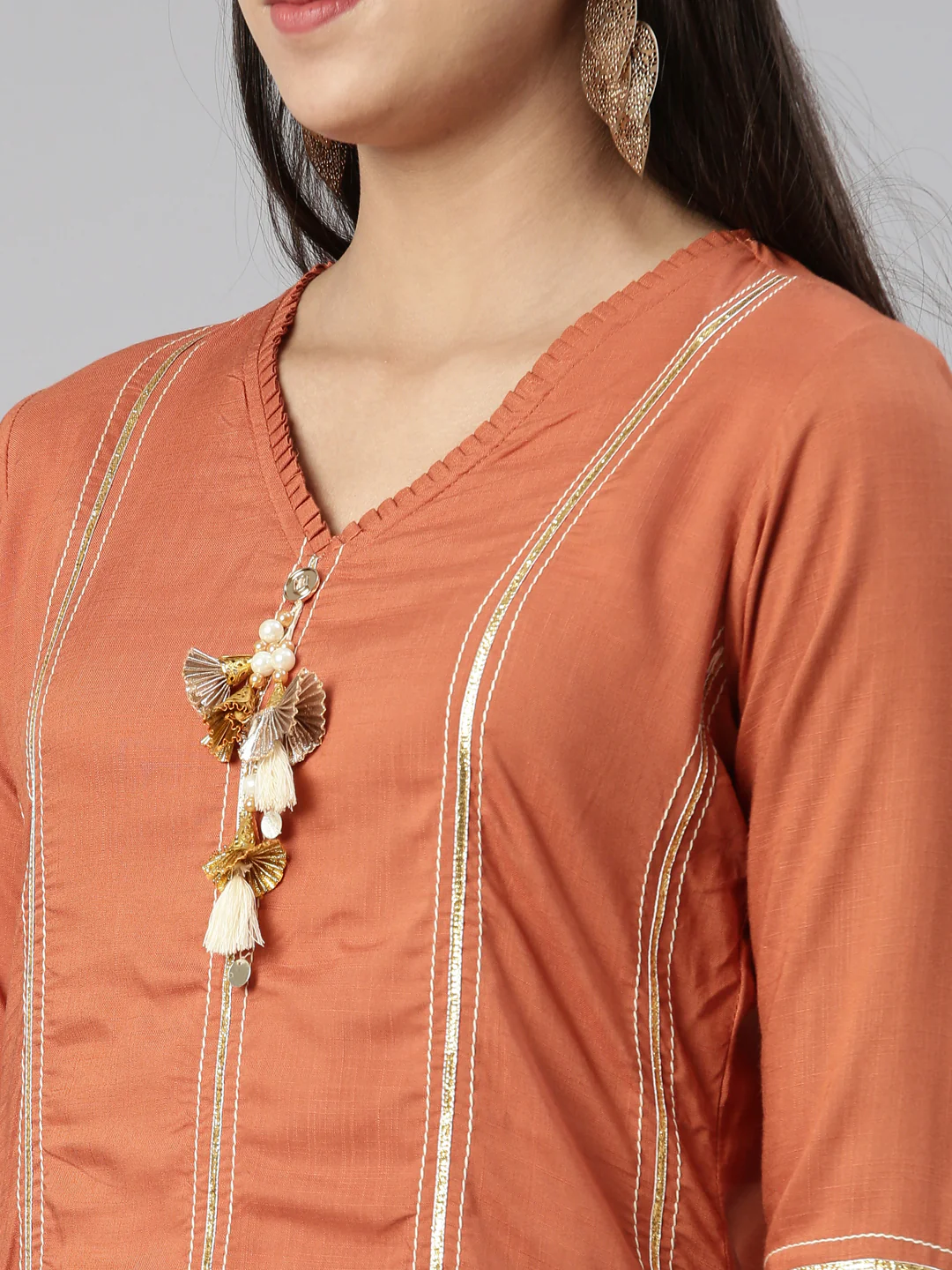 Neerus Rust Straight Straight Cotton Silk Kurta - Image 4