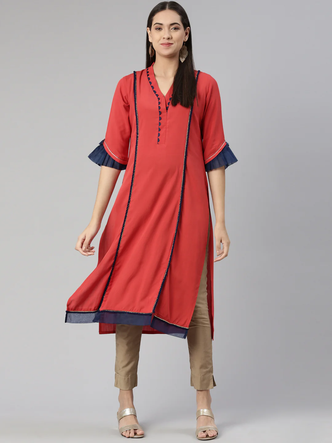 Neerus Rust Straight Straight Cotton Silk Kurta