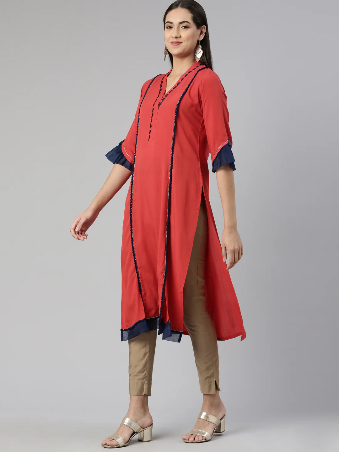 Neerus Rust Straight Straight Cotton Silk Kurta - Image 2