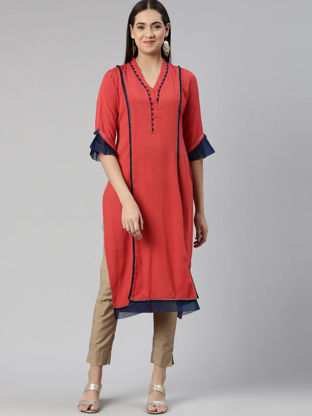 Neerus Rust Straight Straight Cotton Silk Kurta - Image 7