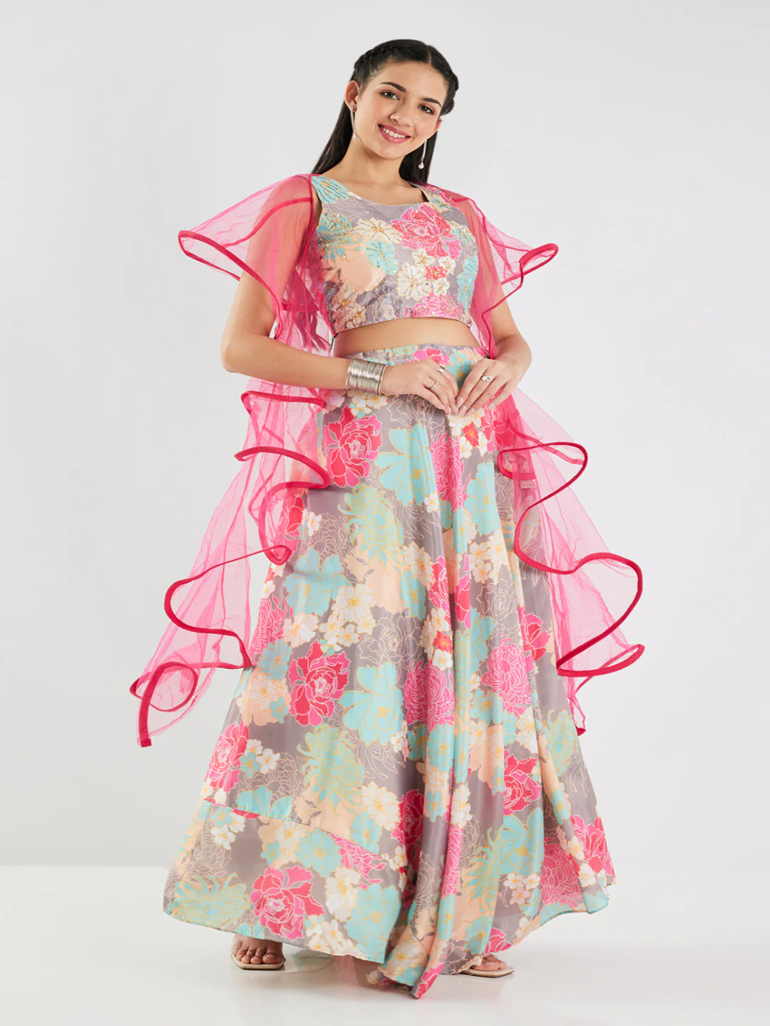 Neerus Sea Green Beads and Sequins Work Silk Fabric Ghagra Set