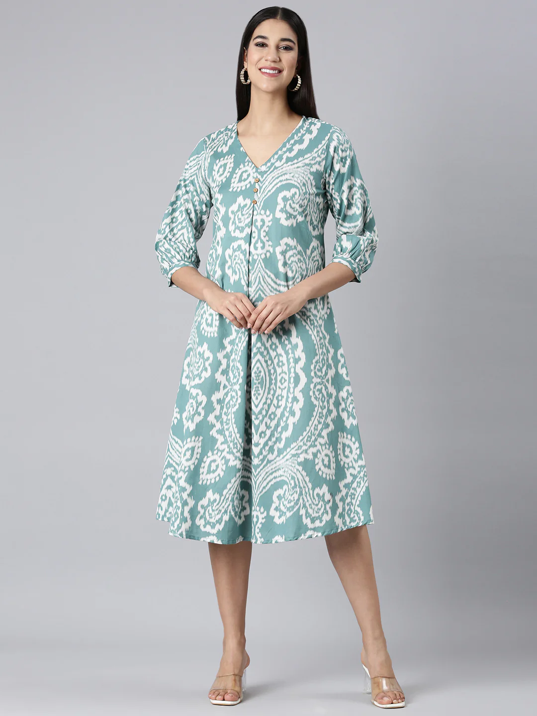 Neerus Sea Green Casual Floral A-Line Kurta