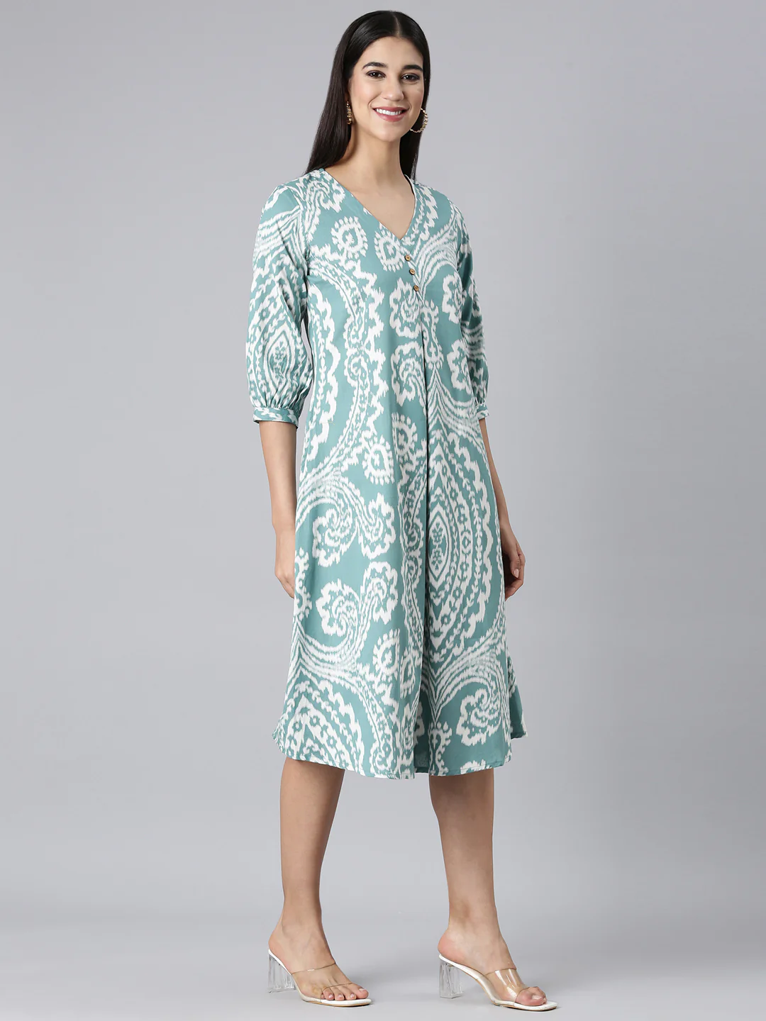 Neerus Sea Green Casual Floral A-Line Kurta - Image 2