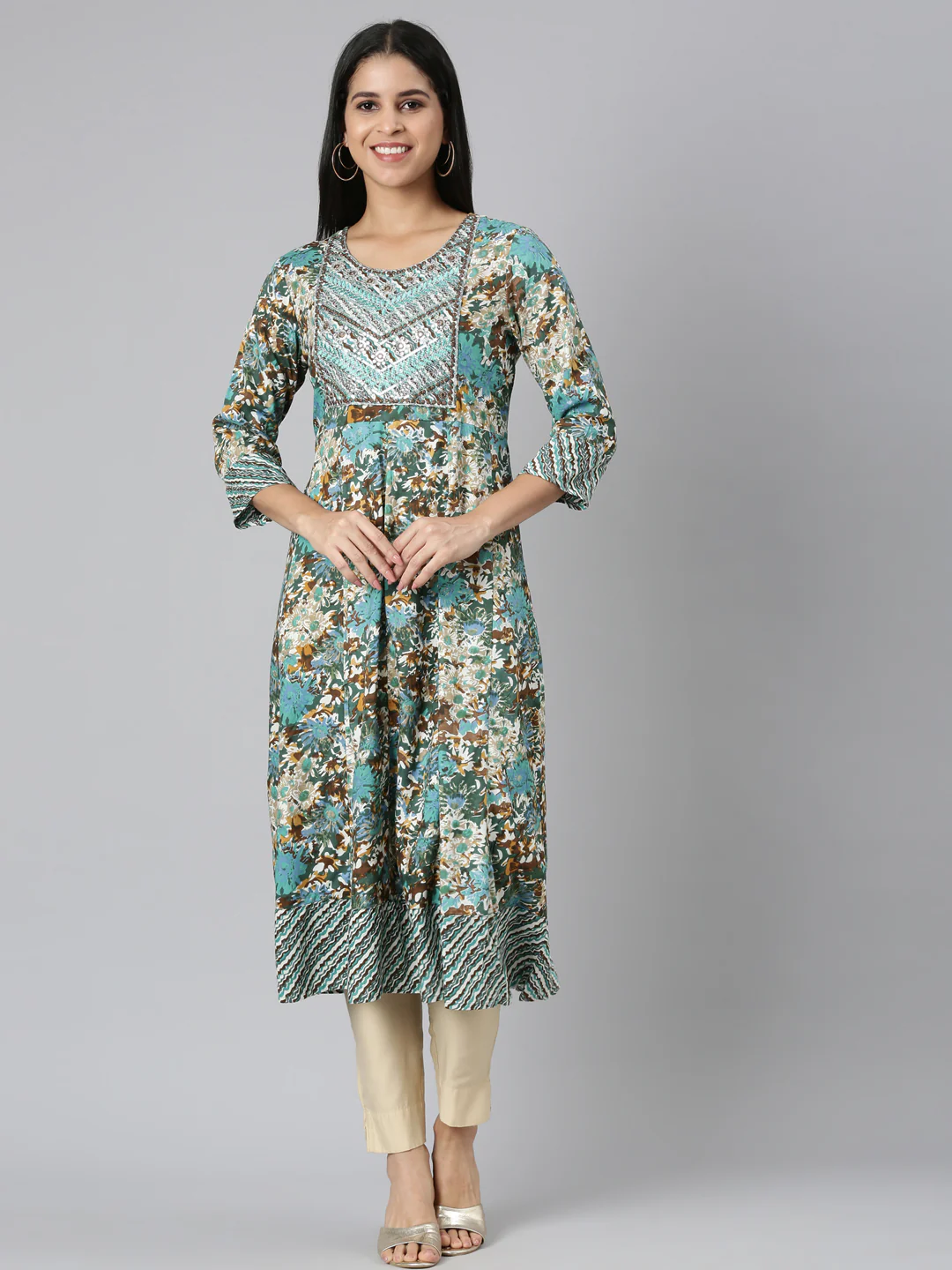 Neerus Sea Green Casual Floral Anarkali Kurta