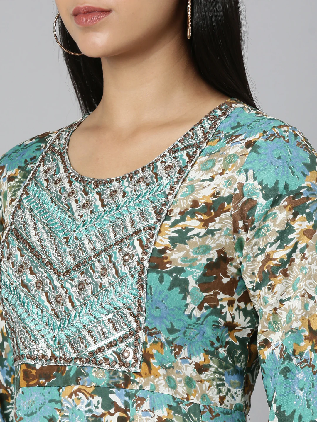 Neerus Sea Green Casual Floral Anarkali Kurta - Image 5