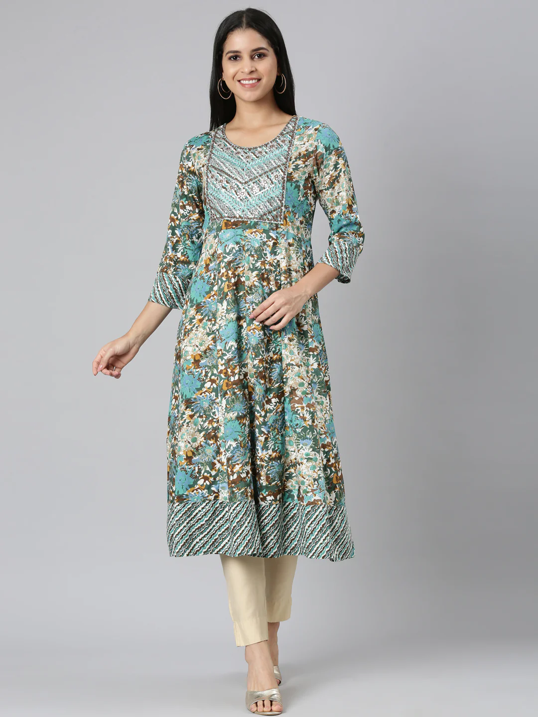 Neerus Sea Green Casual Floral Anarkali Kurta - Image 8