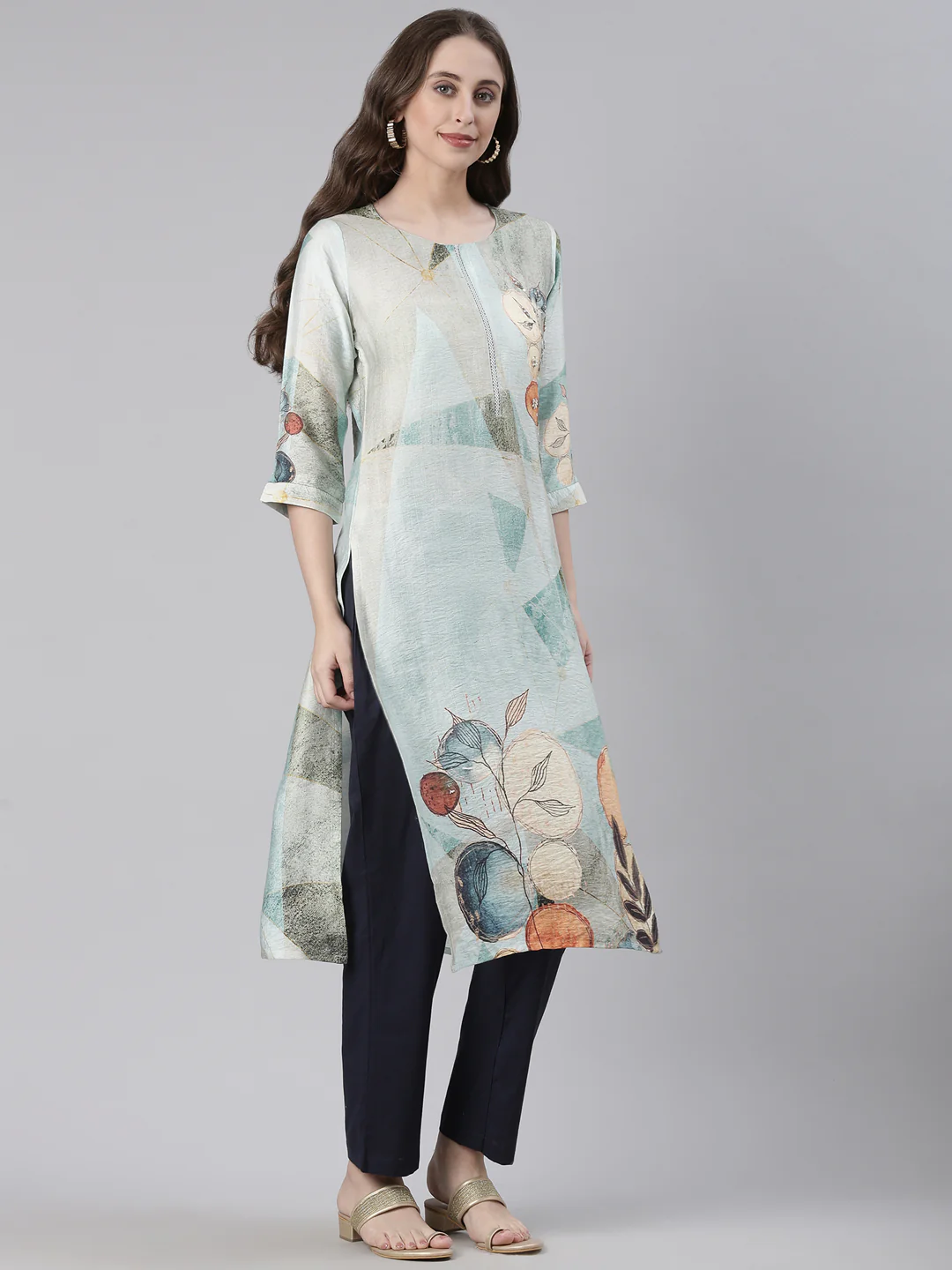 Neerus Sea Green Casual Geometric Straight Kurta - Image 2