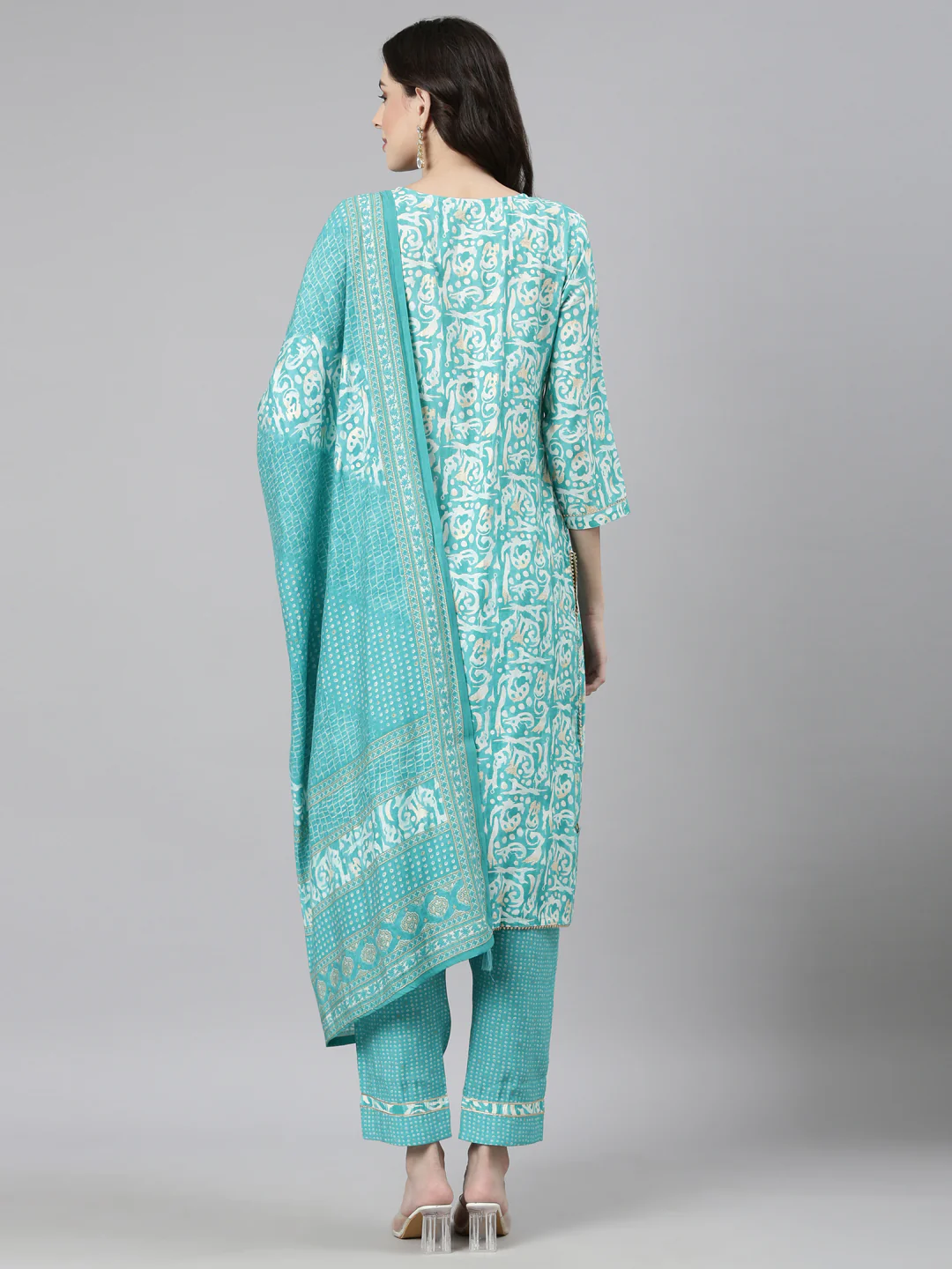 Neerus Sea Green Casual Textured Straight Kurta and Trousers With Dupatta - Image 4