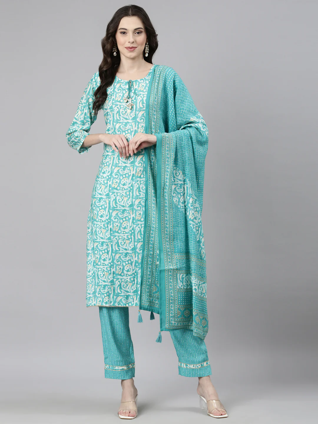 Neerus Sea Green Casual Textured Straight Kurta and Trousers With Dupatta - Image 6