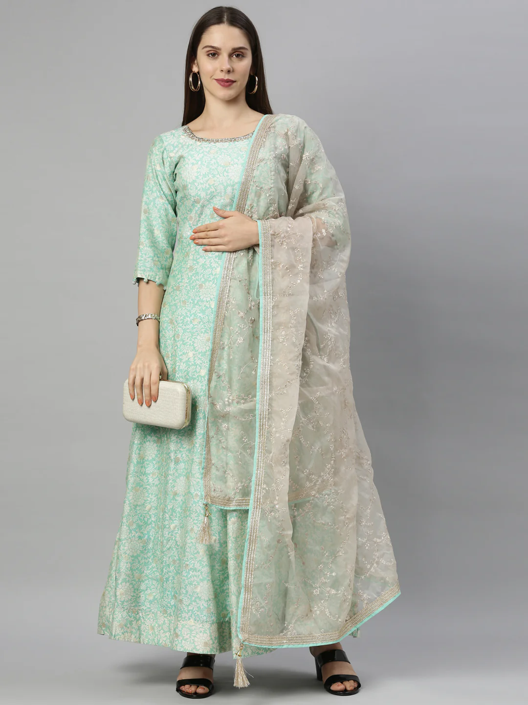 Neerus Sea Green Color Chanderi Fabric Suit-Anarkali