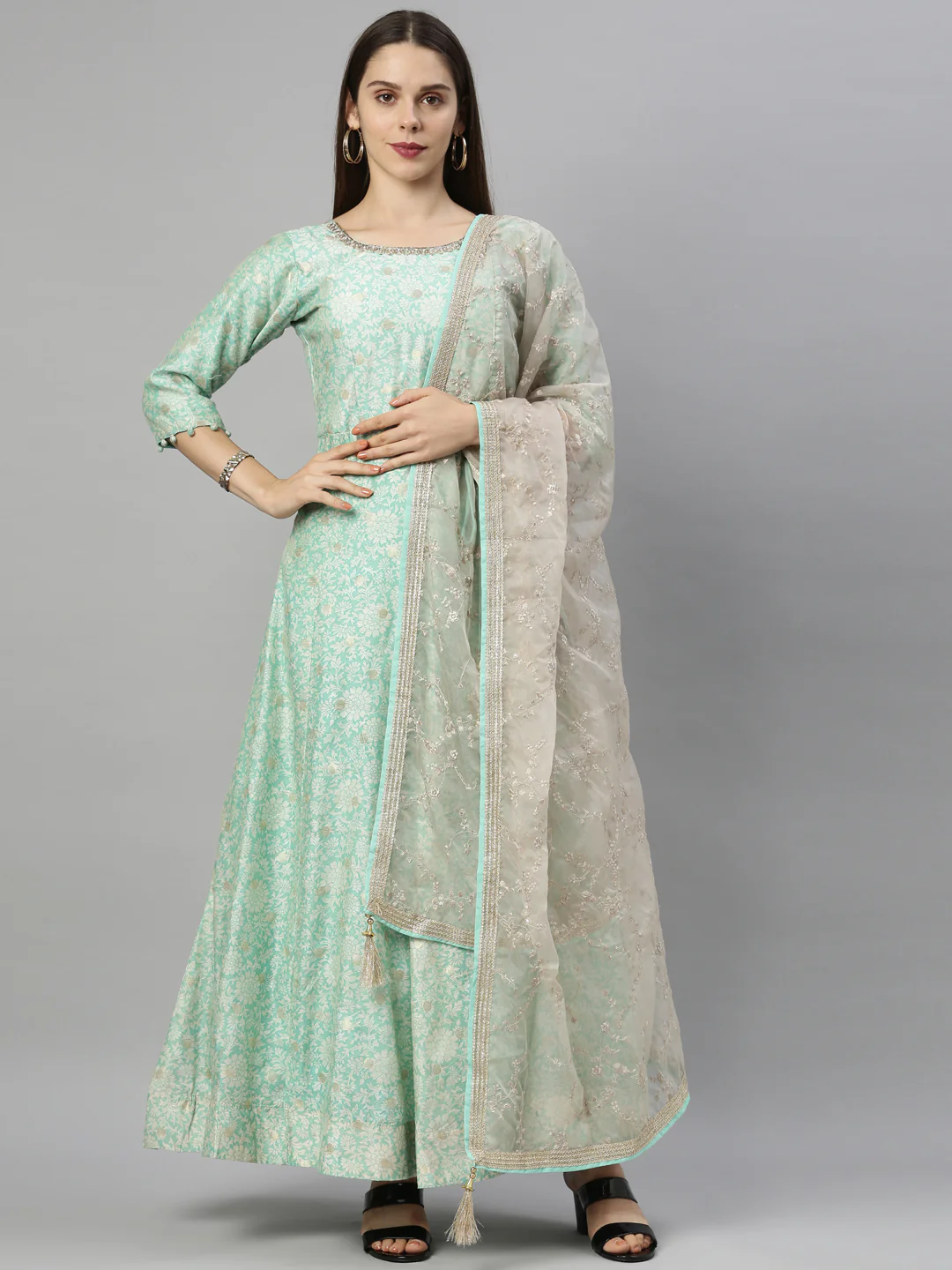 Neerus Sea Green Color Chanderi Fabric Suit-Anarkali - Image 12