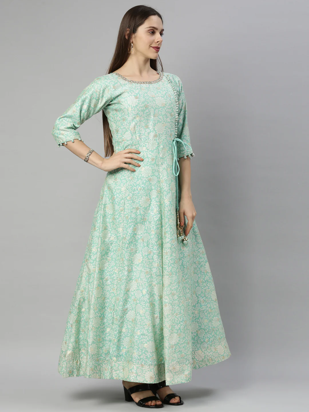 Neerus Sea Green Color Chanderi Fabric Suit-Anarkali - Image 2