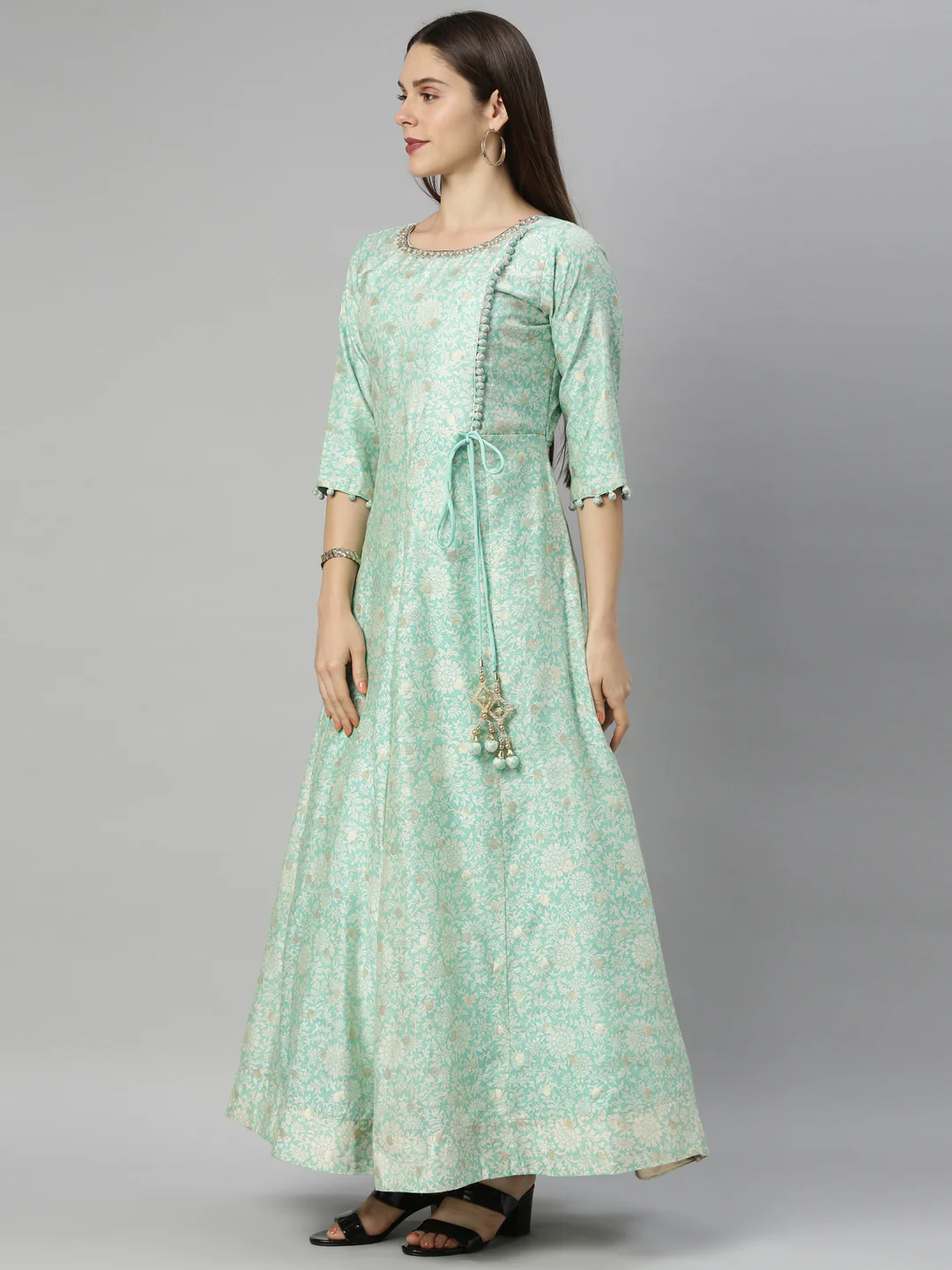 Neerus Sea Green Color Chanderi Fabric Suit-Anarkali - Image 3