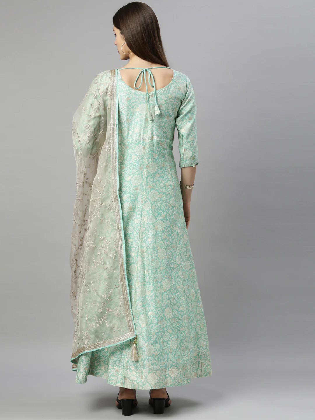Neerus Sea Green Color Chanderi Fabric Suit-Anarkali - Image 4