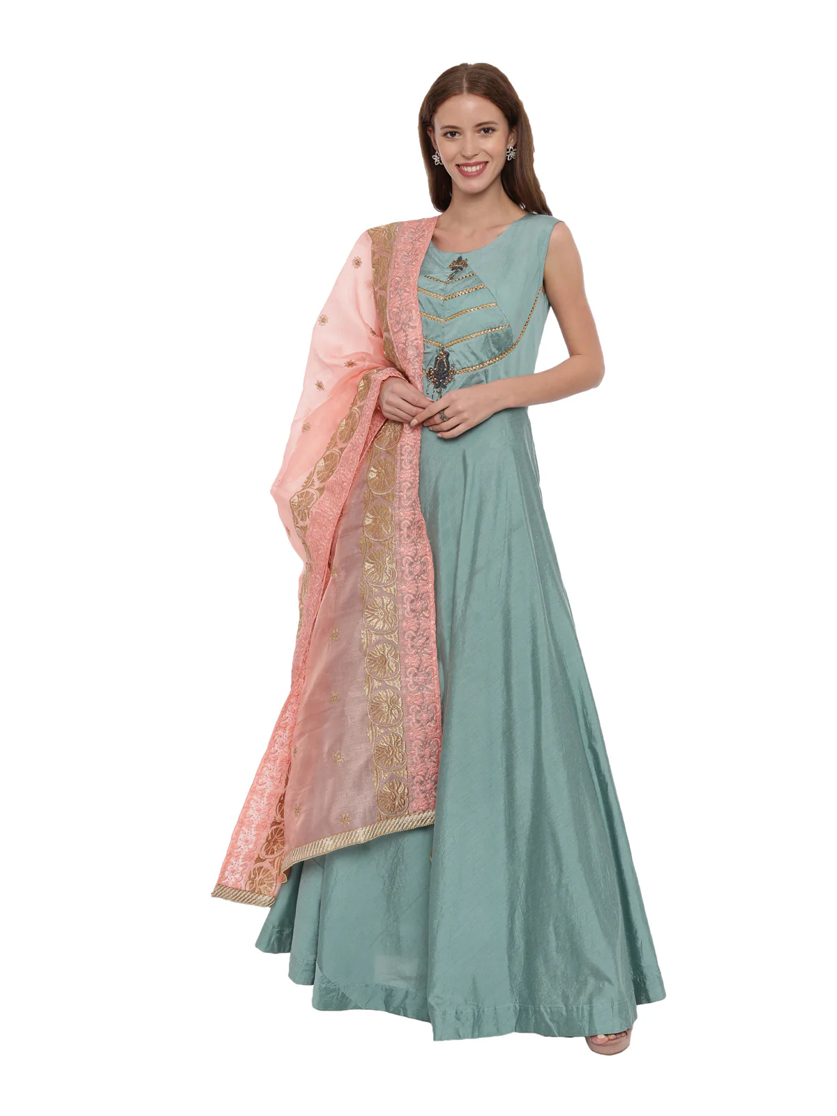 Neerus Sea Green Color Chanderi Silk Fabric Suit-Anarkali