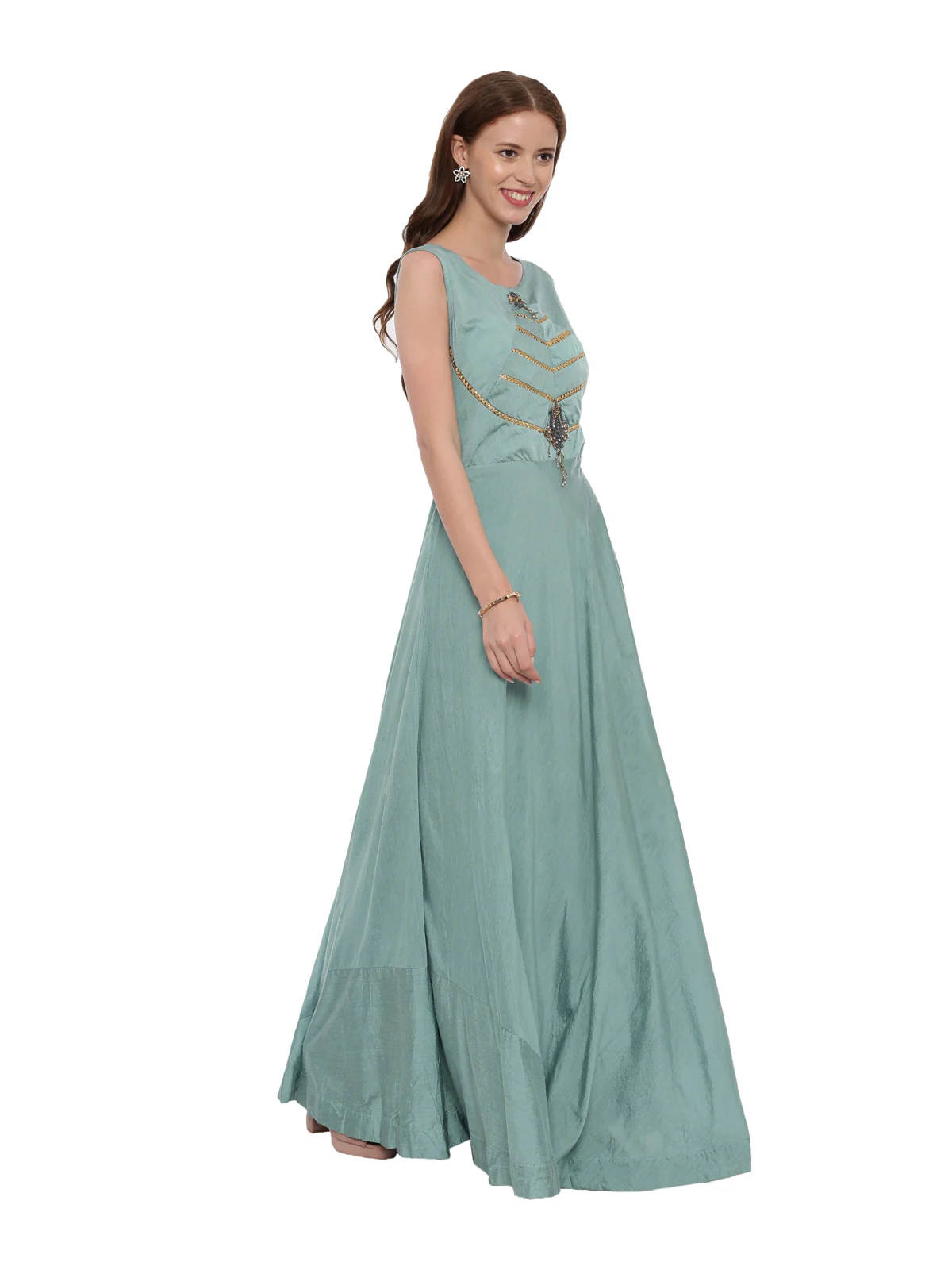 Neerus Sea Green Color Chanderi Silk Fabric Suit-Anarkali - Image 3