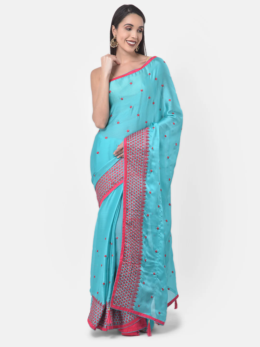 Neerus Sea Green Color Chiffon Fabric Saree