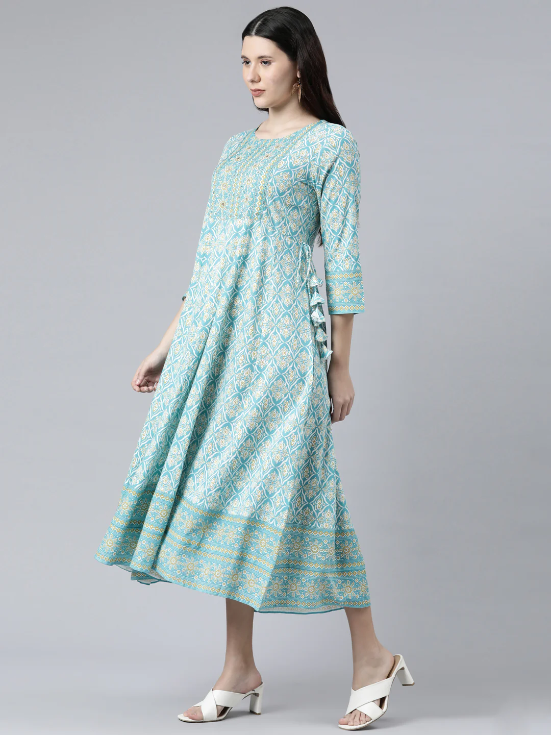 Neerus Sea Green Color Cotton Fabric Floral Kurta - Image 2