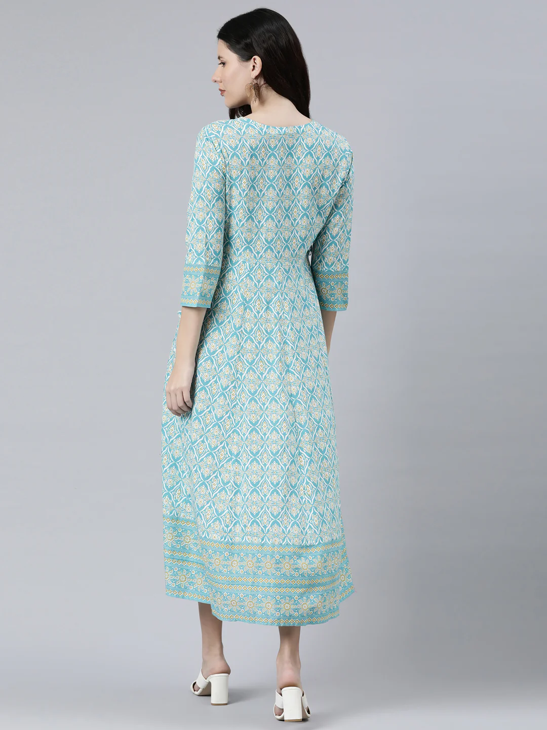 Neerus Sea Green Color Cotton Fabric Floral Kurta - Image 3