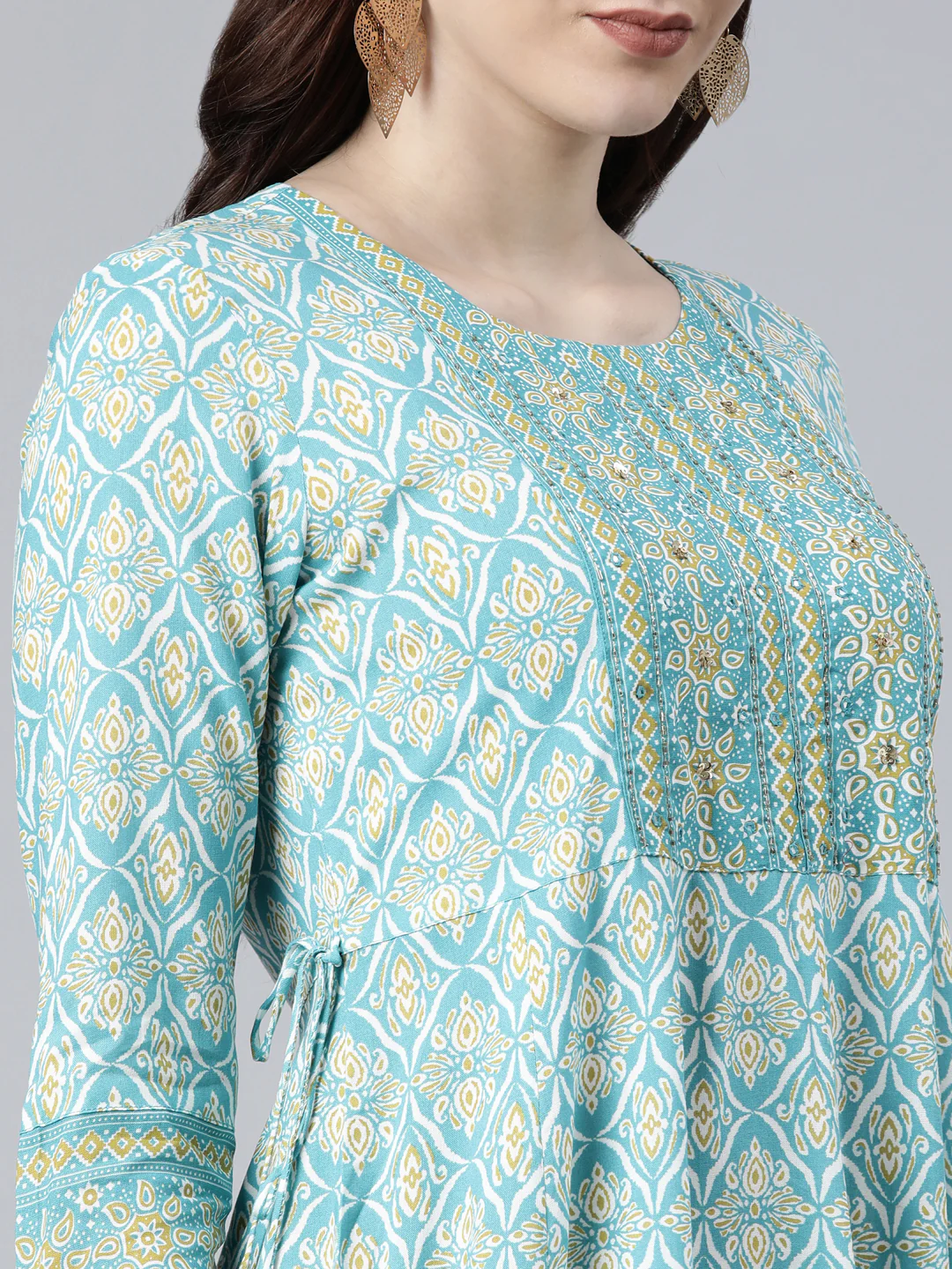 Neerus Sea Green Color Cotton Fabric Floral Kurta - Image 4