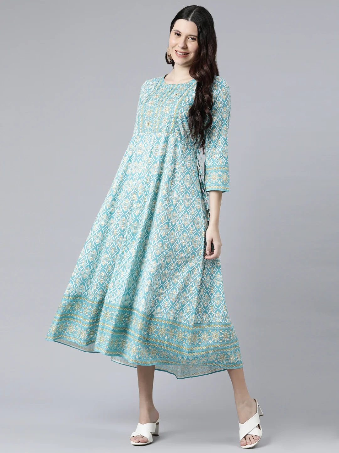 Neerus Sea Green Color Cotton Fabric Floral Kurta - Image 5