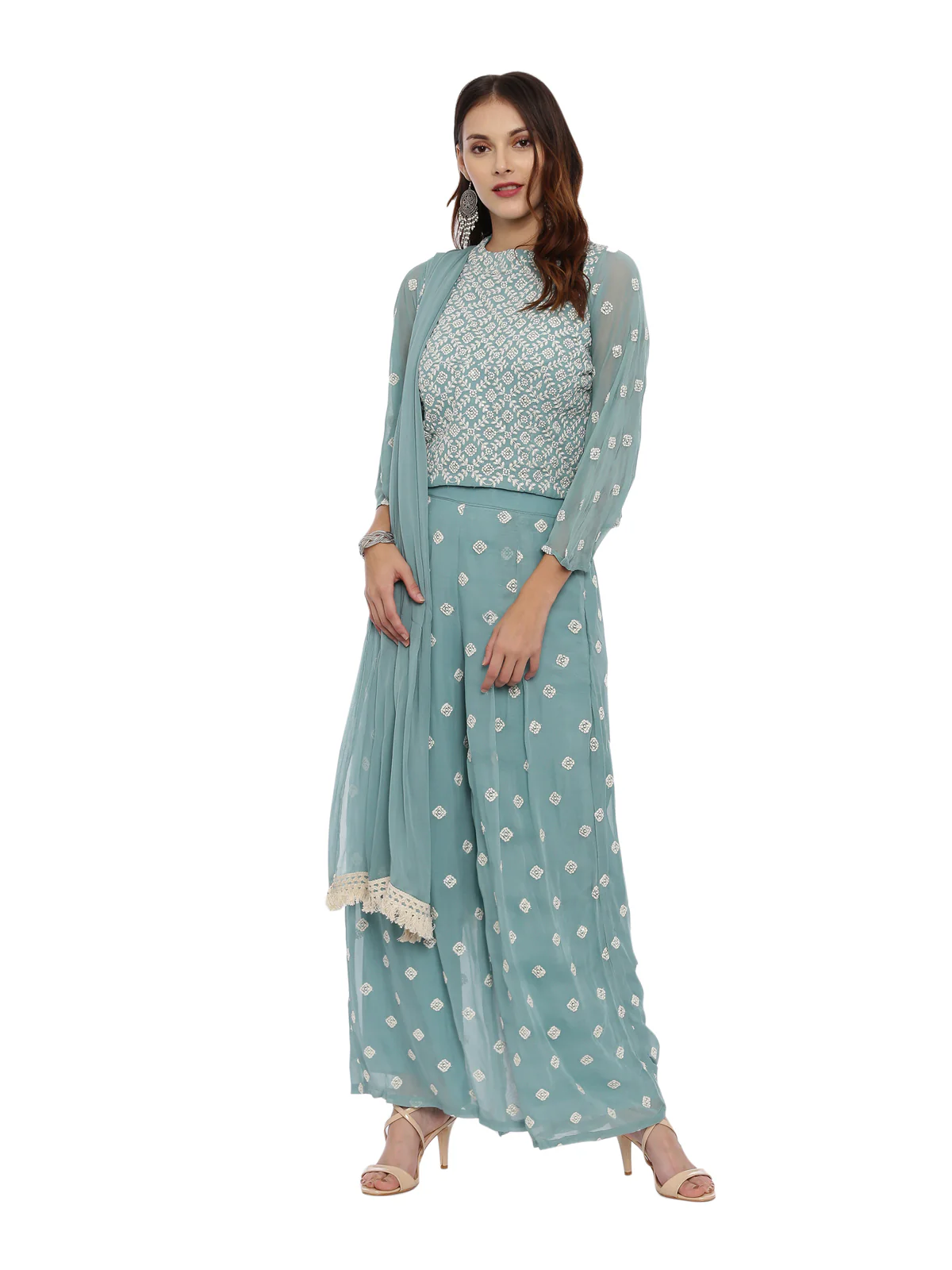 Neerus Sea Green Color Georgette Fabric Full Sleeves Suit-Plazzo