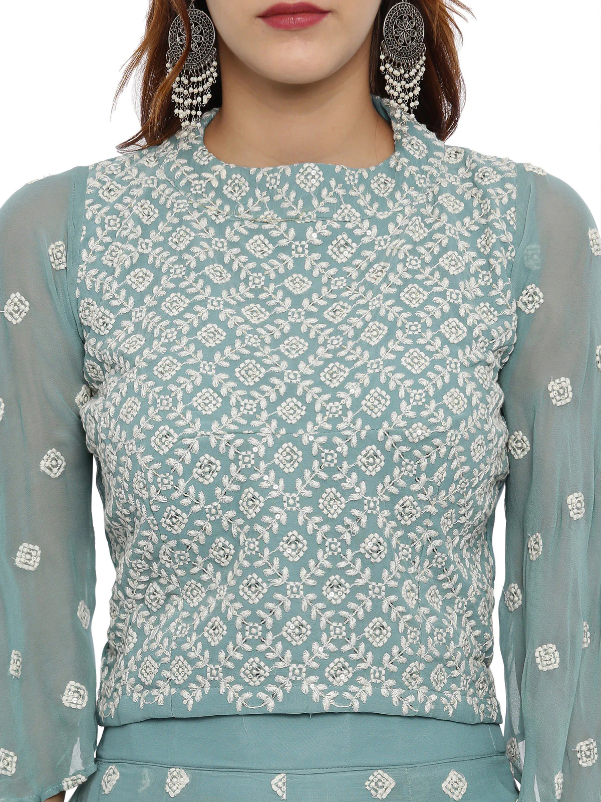 Neerus Sea Green Color Georgette Fabric Full Sleeves Suit-Plazzo - Image 2