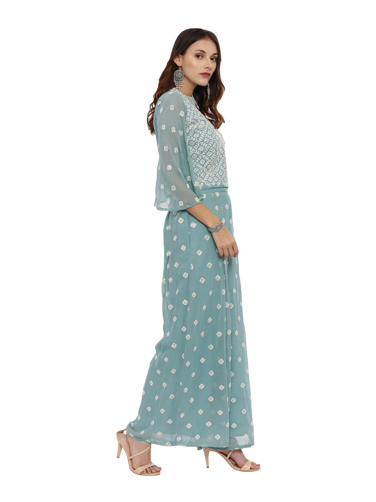 Neerus Sea Green Color Georgette Fabric Full Sleeves Suit-Plazzo - Image 3
