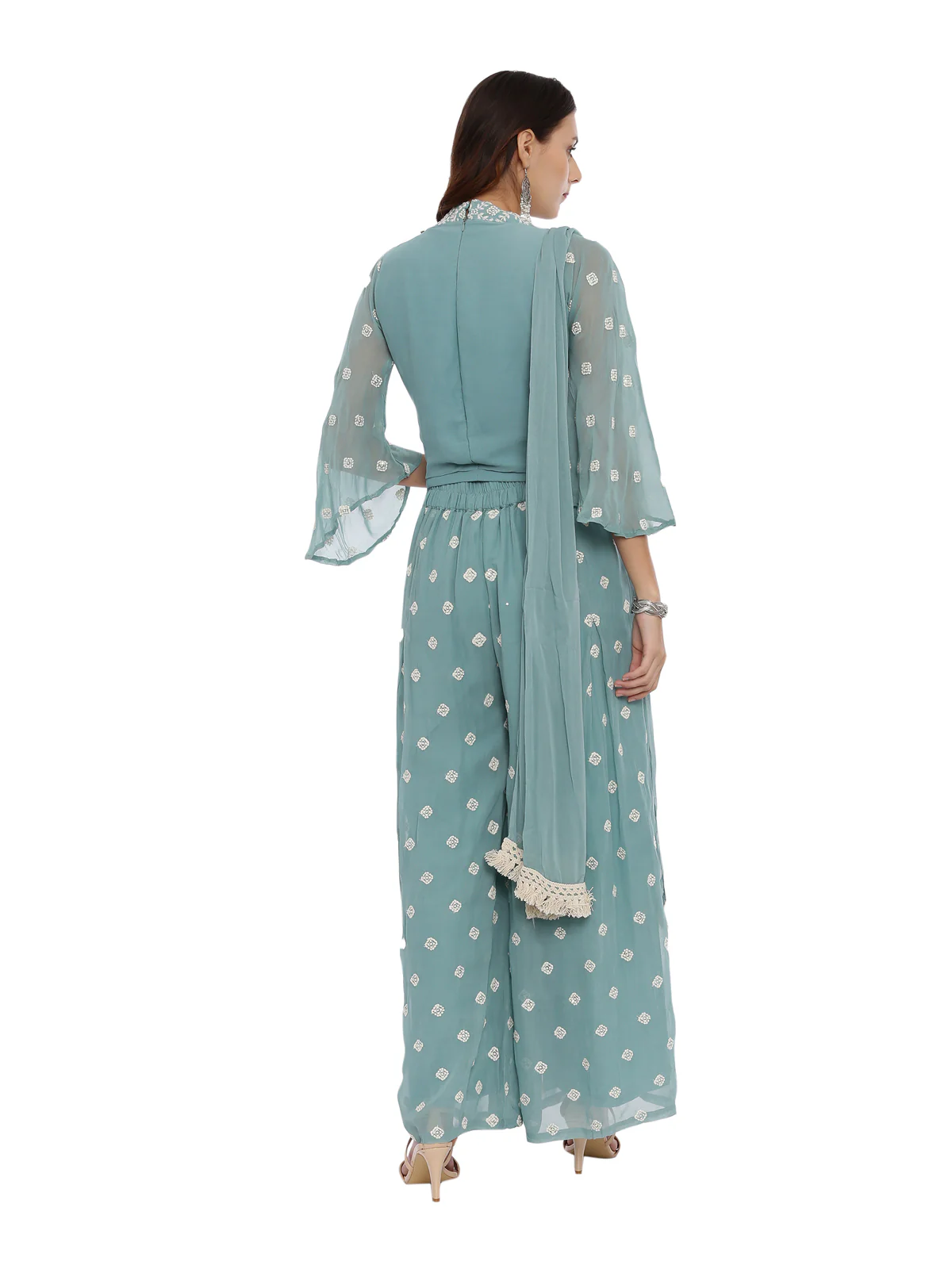 Neerus Sea Green Color Georgette Fabric Full Sleeves Suit-Plazzo - Image 4