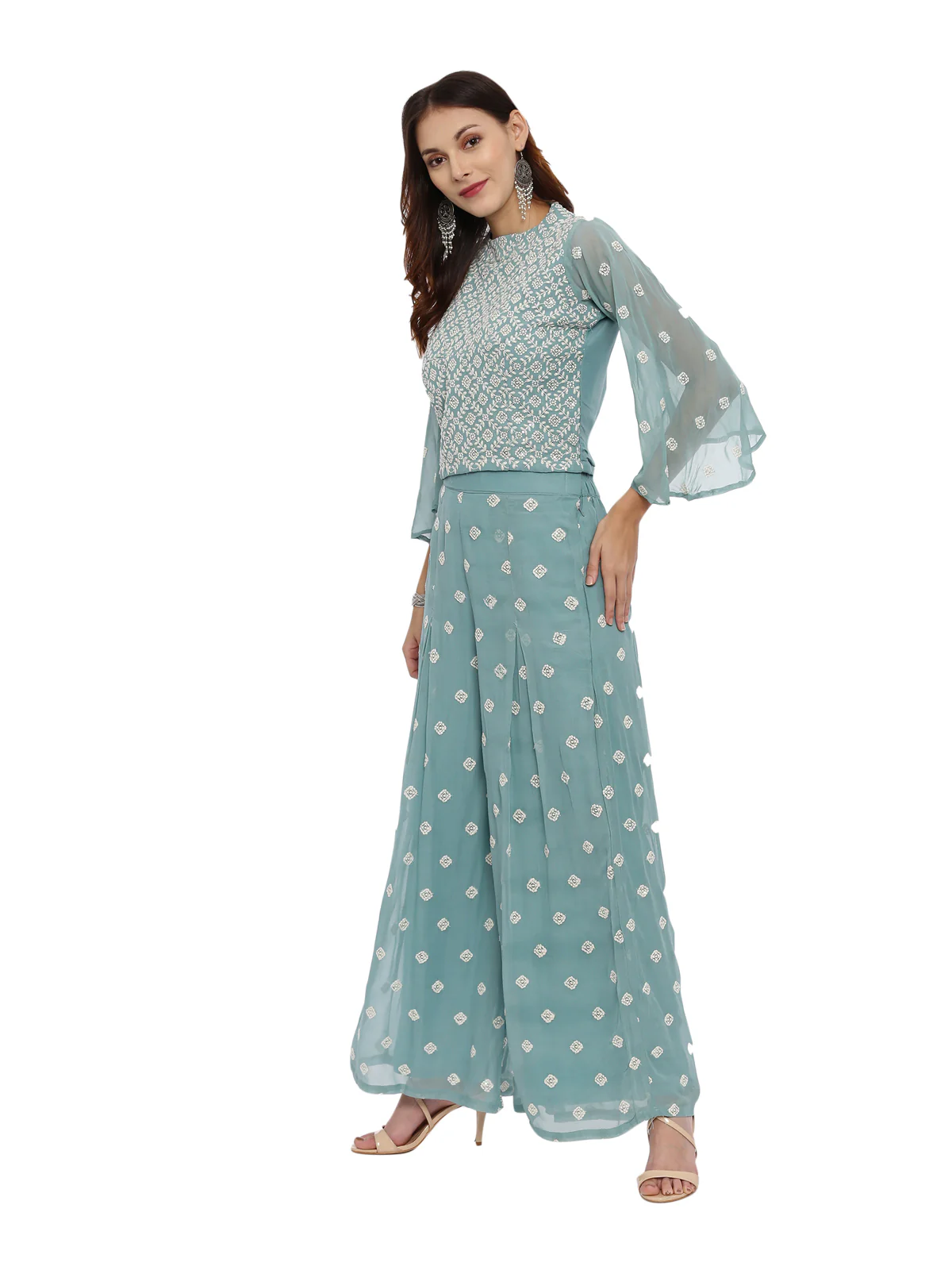 Neerus Sea Green Color Georgette Fabric Full Sleeves Suit-Plazzo - Image 5